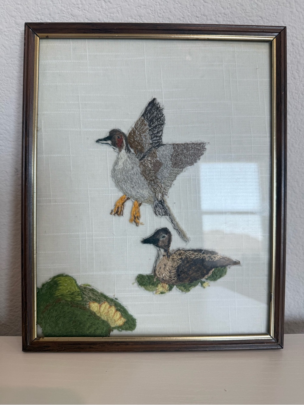 Framed Embroidered Ducks Wall Art - Neutral, Green Accents